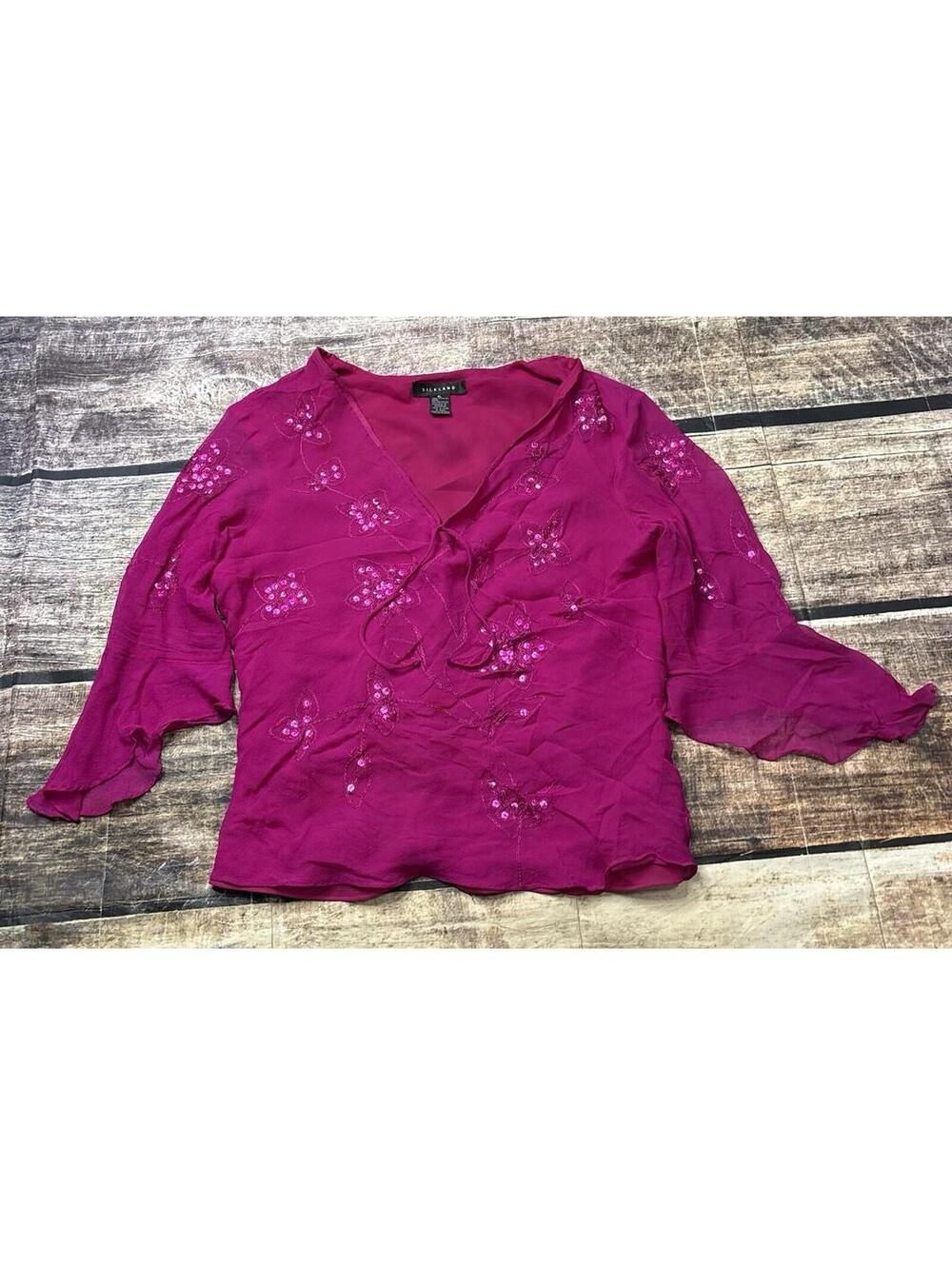 Silkland Top Womens XL 100% Silk Floral Sequin Flutter